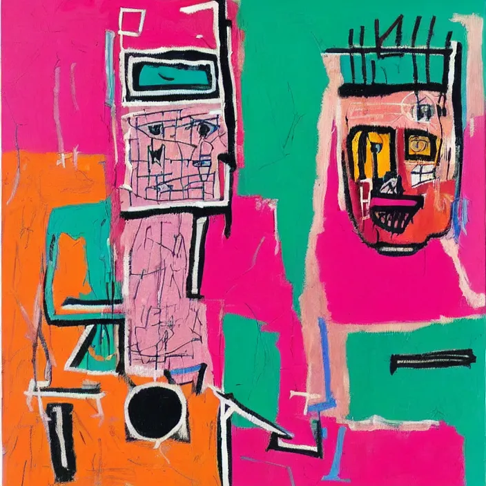 Prompt: abstract portrait of a knight in pink, geometric, by basquiat