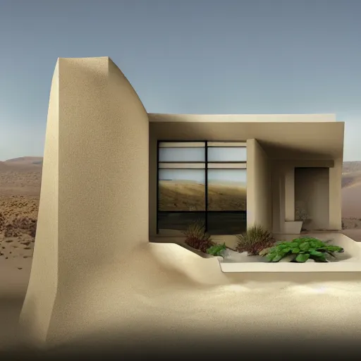 Image similar to architectural rendering of building in the desert, biophilia, naturalism, modern style