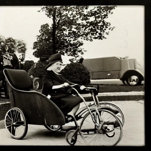 Prompt: queen elizabeth riding a tiny tricycle, color photograph, f8, dramatic angle