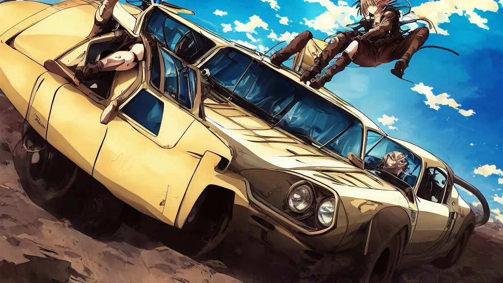 Image similar to anime illustration of mad max's fj 4 0 pursuit special, the last v 8 interceptor driving down to the gates of valhalla highway, riding fury road eternal shiny and chrome, world of fire and blood, by makoto shinkai, ilya kuvshinov, lois van baarle, rossdraws, basquiat, global illumination ray tracing hdr