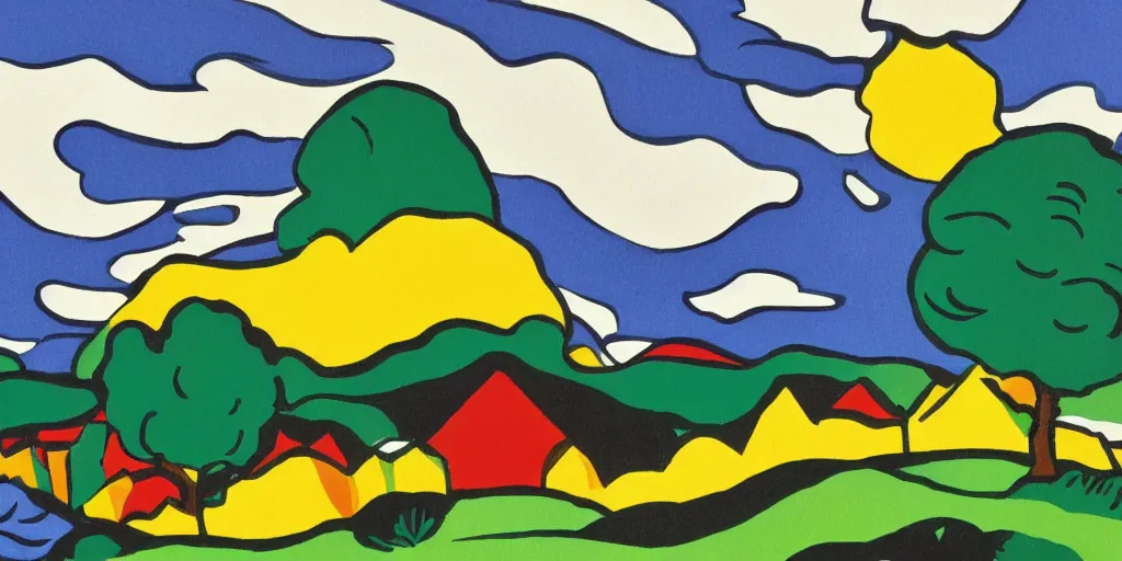 Prompt: landscape illustration in the style of roy lichtenstein