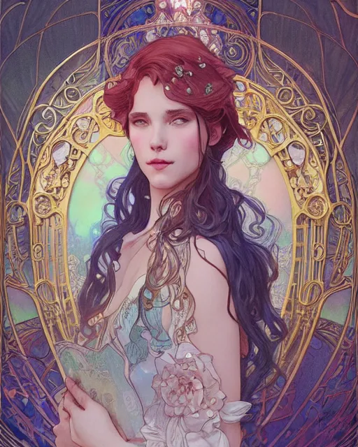 Image similar to secret romance, highly detailed, very intricate, art nouveau, gold filigree, romantic storybook fantasy, soft cinematic lighting, award - winning, disney concept art watercolor illustration by mandy jurgens and alphonse mucha and alena aenami, pastel color palette, featured on artstation