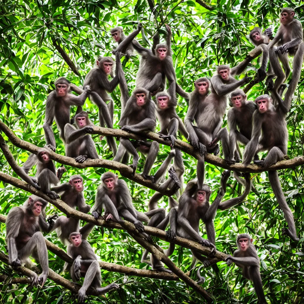 Image similar to a bunch of monkeys having a party in the jungle , 8k , 4k , professional photography, award winning photo