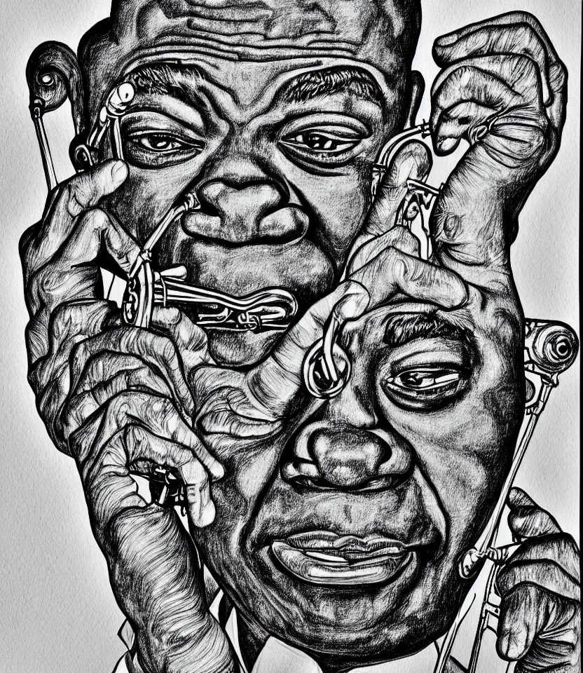 Prompt: detailed line art portrait of louis armstrong, inspired by egon schiele. caricatural, minimalist, bold contour lines, musicality, soft twirls curls and curves, confident personality, raw emotion