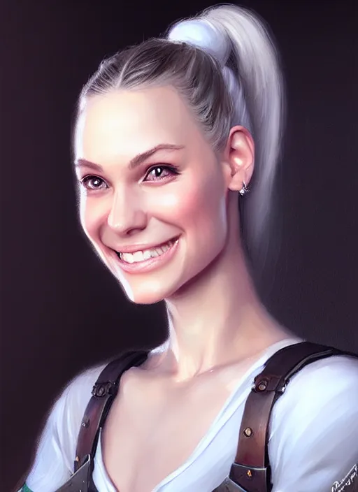 Prompt: a _ fantasy _ style _ portrait _ painting _ of white girl, dark ponytail hair, smiling, round face, rpg dnd oil _ painting _ unreal _ 5 _ daz. _ rpg _ portrait _ extremely _ detailed _ artgerm _ greg _ rutkowski _ greg
