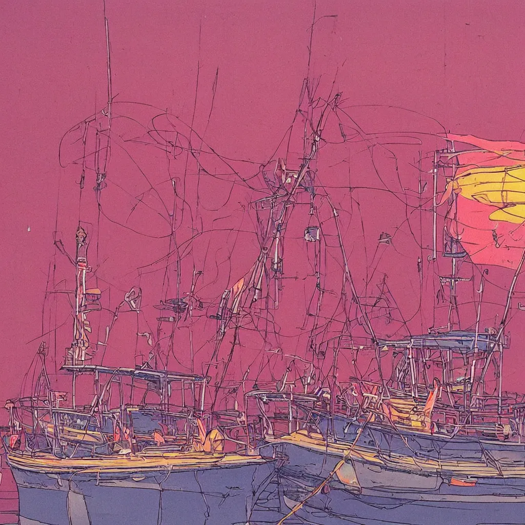 Image similar to the city lights were bright pink and orange and shone overhead. the harbour looked beautiful the sun reflecting off of the water and the neon lights of the city gave of a warm feeling, a fishing boat in first plan, by moebius