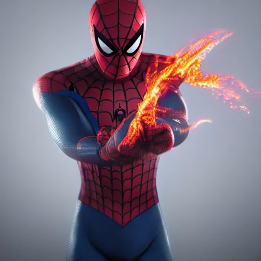 Image similar to concept render of a spiderman made of fire by cedric peyravernay and leon tukker