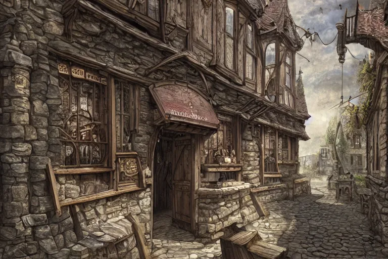 Image similar to A medieval shop viewed from the outside, texture, intricate, details, highly detailed, masterpiece, architecture, building, trending on artstation, focus, sharp focus, concept art, digital painting, fantasy, sunny, day, midday