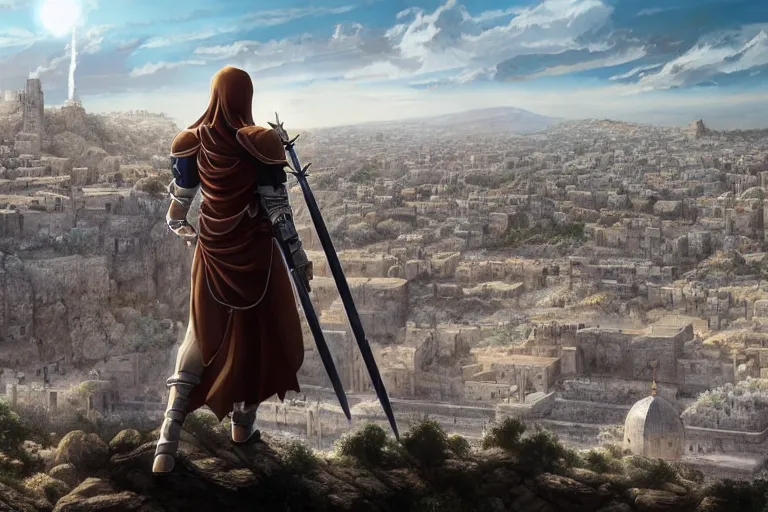 Image similar to an ultra detailed matte landscape painting of saladin as a shonen anime protagonist standing confidently on a cliff overlooking jerusalem with huge flaming longsword blessed by god, epic anime fantasy, 8 k, volumetric lighting, smooth, highly detailed, digital illustration, art by kentaro miura and akira toriyama and artgerm