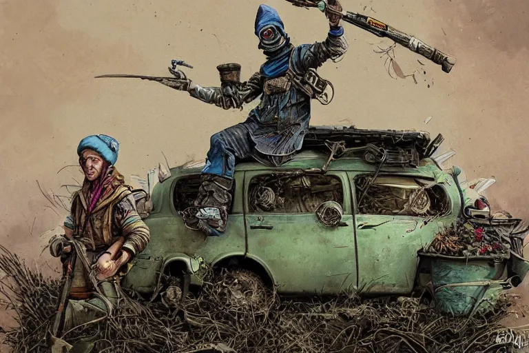 Image similar to a highly detailed garden gnome wearing goggles and head scarf hanging off the back of a car as its speeding down the highway, wasteland, post - apocalyptic road warrior vibe, full body, wide angle, an ultrafine detailed painting by p. craig russell and barry windsor - smith, trending on deviantart, octane, masterpiece