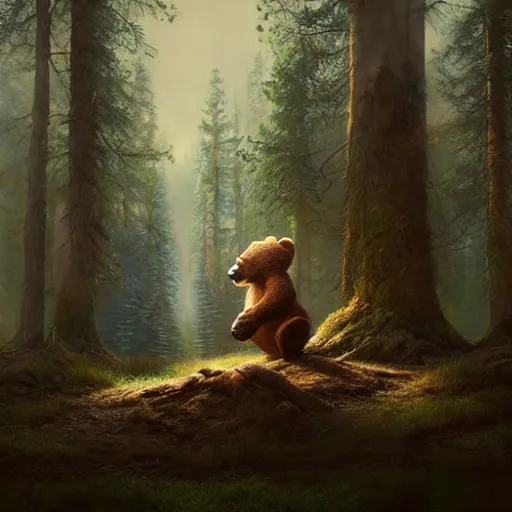 Image similar to a giant anthropomorphic bear singing on a stage in a forest, digital art, detailed face, highly detailed, calm, deviantart, art by greg rutkowski, artstation, natural lighting, dramatic