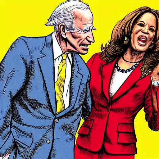 Image similar to The Artwork of R. Crumb and his Cheap Suit - Joe Biden and Kamala Harris, pencil and colored marker artwork, trailer-trash lifestyle