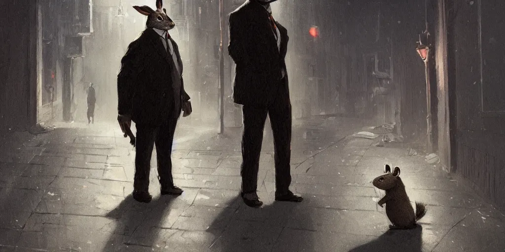 Prompt: rabbit wearing a tie is talking to a well dressed raccoon in a dark alley, warm color palette, night time, dramatic lighting, noir film, character sheet, fine details, high contrast, blacksad, kim jung gi, greg rutkowski, trending on artstation, 8 k, front view, back view, ultra wide angle