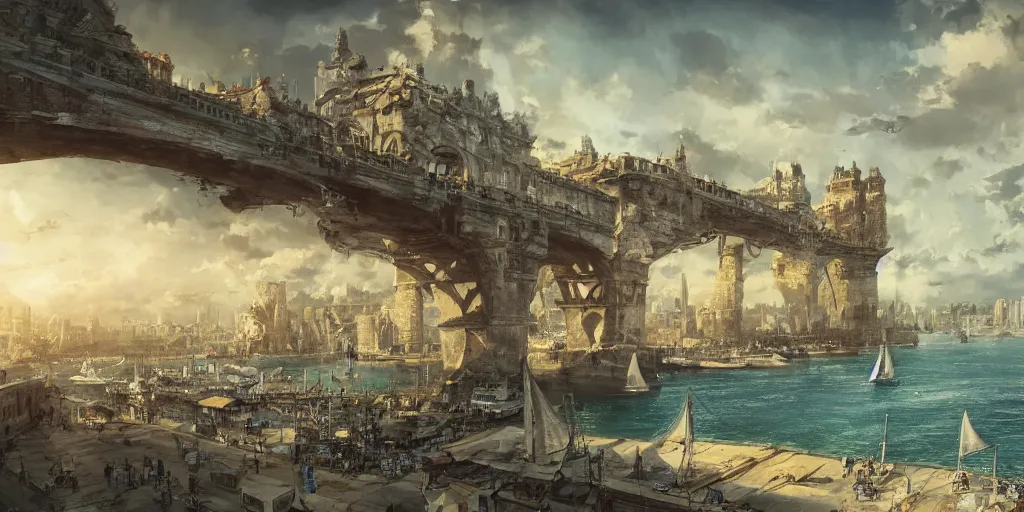 Prompt: ancient city on top of a tall bridge structure over the ocean, tall arches, long, fading off into the distance, city in the clouds, ships with sails, top down view, markets, busy people, city docks, artstation