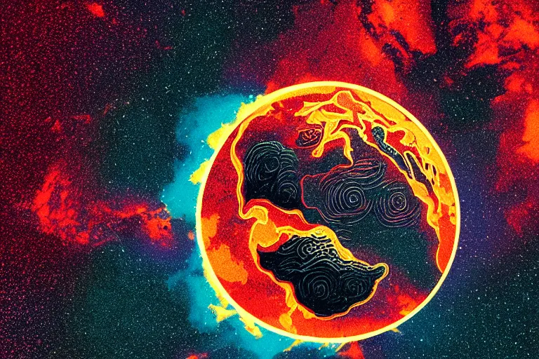 Image similar to flames surrounding planet earth in space,linocut, moody, colorful,Karolis Strautniekas, Mads Berg, stippled light, dramatic lighting,editorial illustration, detailed,fine texture, matte print,dynamic composition,risograph, lomography