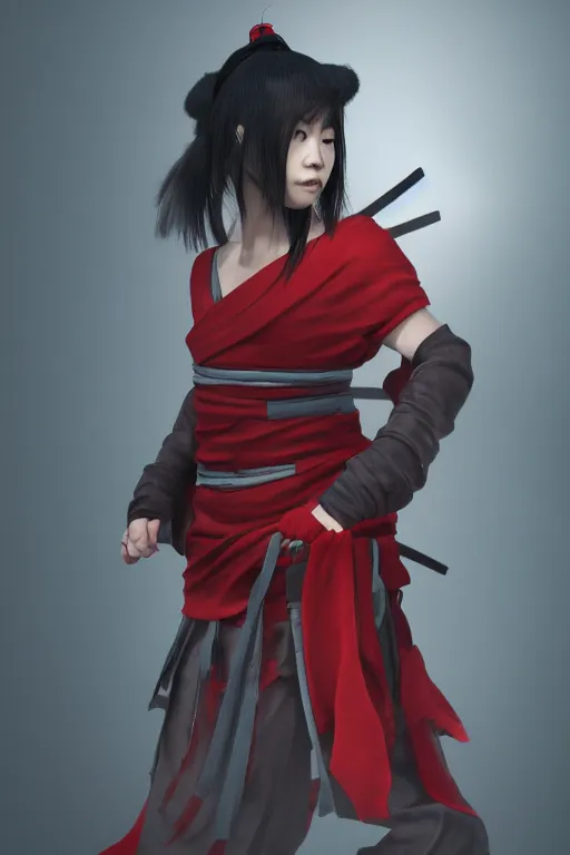 Prompt: photo of a full figure native japanese woman dressed like shinobi ninja, rich drapery, focused stare, partially masked, highly detailed, photobash, photorealistic render, trending on artstation, character design, red background, cinematic lighting