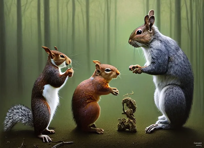 Prompt: photo, a squirrel fighting a rabbit, woodland location, stefan kostic and david cronenberg, realistic, sharp focus, 8 k high definition, intricate, chiaroscuro, elegant, perfect faces, symmetrical face, extremely detailed, hypnotic eyes, realistic, fantasy art, masterpiece zdzislaw beksinski, national geographic, artgerm