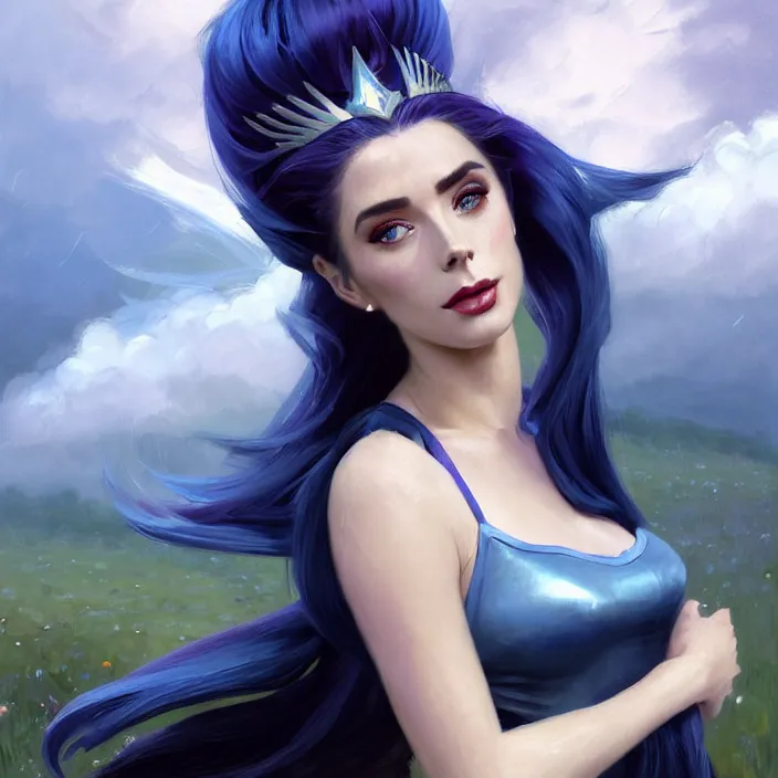 Prompt: portrait of a combination of Ashley Greene, Adriana Dxim, Grace Kelly and Lily Collins with blue hair as Syndra from League of Legends, countryside, calm, fantasy character portrait, dynamic pose, above view, sunny day, thunder clouds in the sky, artwork by Jeremy Lipkin and Giuseppe Dangelico Pino and Michael Garmash and Rob Rey and Greg Manchess and Huang Guangjian, very coherent asymmetrical artwork, sharp edges, perfect face, simple form, 100mm