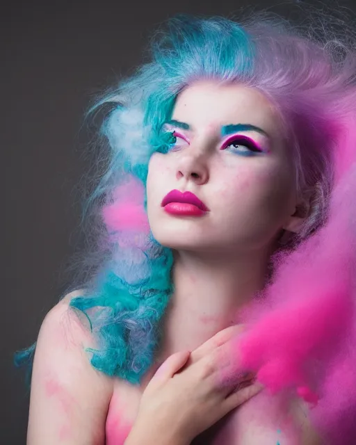 Image similar to a dramatic lighting photo of a beautiful young woman with cotton candy hair. blood splashes with a little bit of cyan and pink