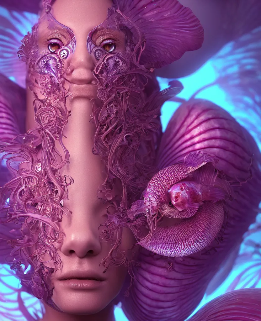 Image similar to goddess close-up face portrait. chimera orchid jellyfish phoenix head, nautilus, skull, betta fish, bioluminiscent creatures, intricate artwork by Tooth Wu and wlop and beeple. octane render, trending on artstation, greg rutkowski very coherent symmetrical artwork. cinematic, hyper realism, high detail, octane render, 8k