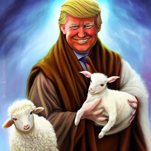 Image similar to a detailed fantasy character painting of Donald Trump holding a lamb, dressed like Jesus Christ, by lauri blank, artgerm, evelyn de morgan, 8K, 50mm lens