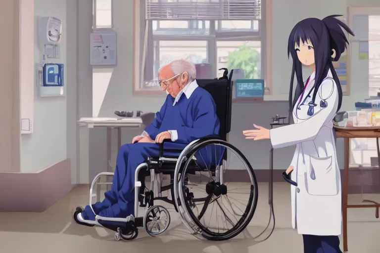 Prompt: a cute young female doctor wearing white coat, an old man of 80 years wearing blue T-shirt in a wheelchair, hospital ward, slice of life anime, cinematic, realistic, anime scenery by Naoshi Arakawa:8 and Makoto shinkai