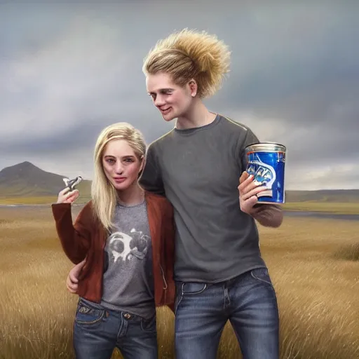 Image similar to a highly detailed portrait of a young couple from the side, holding a tin can, remote icelandic village, summer, jeans and t shirt, blonde hair, muted colors, joy, by tom bagshaw, trending on artstation,