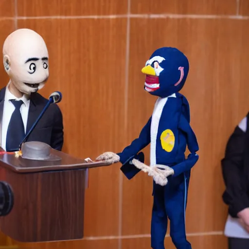 Image similar to president marionette with puppeteer in a podium giving a press conference