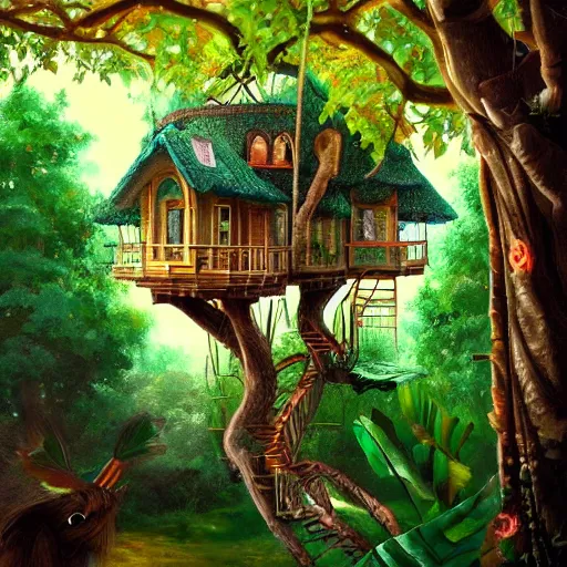 Image similar to fancy treehouse in the enchanted forest detailed magical realism painting 4K trending on artstation with colorful tropical flowers growing in the trees