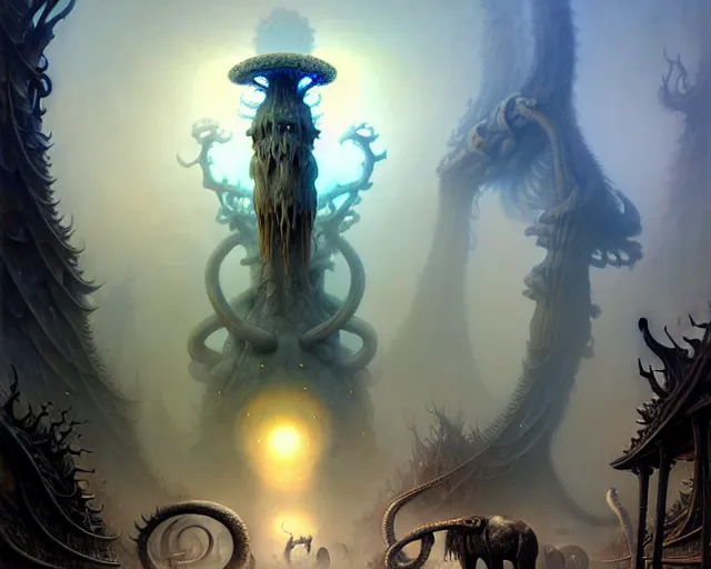 Image similar to street view of a mammoth graveyard, fantasy landscape made of fractals facing each other, ultra realistic, wide angle, intricate details, the fifth element artifacts, highly detailed by peter mohrbacher, hajime sorayama, wayne barlowe, boris vallejo, aaron horkey, gaston bussiere, craig mullins