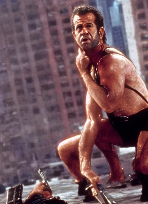Image similar to film still of Mel Gibson as John McClane in Die Hard, 4k