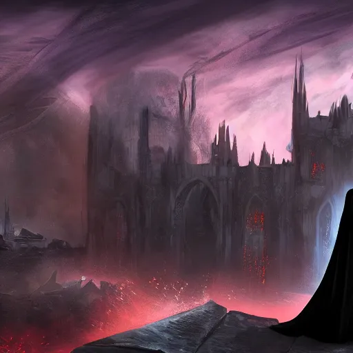 Prompt: a still of a hooded and cloaked figure in black standing in the ruins of crux prime, destroyed castle, purple and blue fiery maelstrom in the distance, digital art, artstationhq