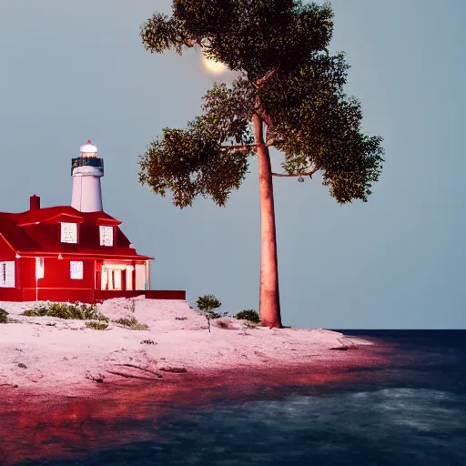 Prompt: A red and white striped lighthouse shining out onto the sea; a white house with a red roof with the lights on inside; thin dark trees behind; nighttime with stars behind; full moon;Octane 8K Rendering,