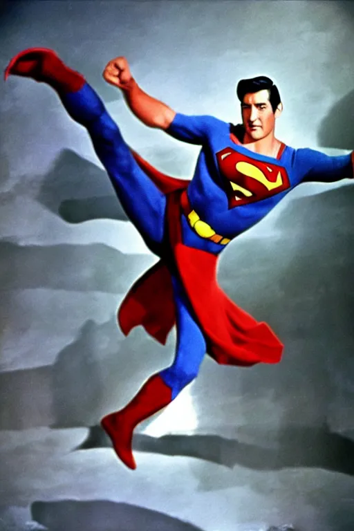 Prompt: rock hudson playing superman in, superhero, dynamic, heroic, studio lighting, in colour