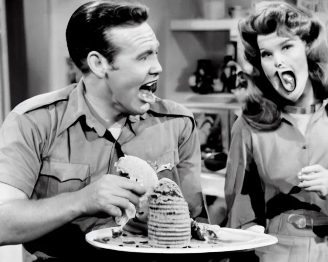 Image similar to Wally Cleaver eating a taco icecream on Leave It To Beaver, black and white television still