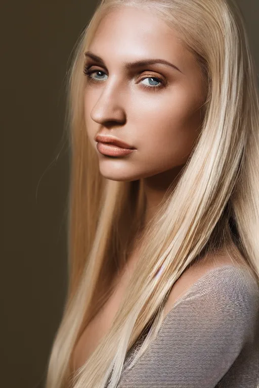 Prompt: head shot photo of a olive skinned blonde female model in her twenties, silky straight hair, wearing a designer top, looking content, photo realistic, extreme detail skin, natural beauty, no filter, slr, golden hour, 4 k, high definition, selfie