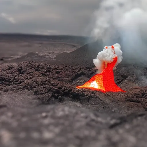 Prompt: erupting volcano on small spitting delicious donuts