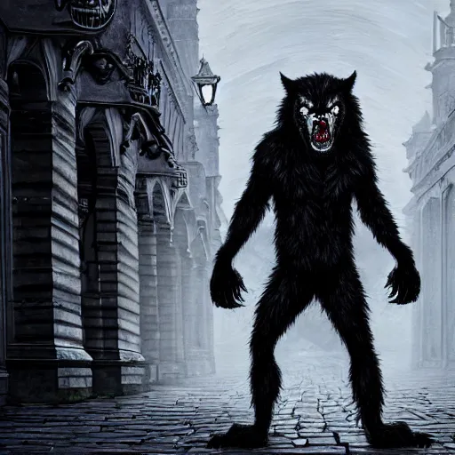 Prompt: terrifying werewolf walking through the center of old london city, oil painting, gloomy misty atmosphere, symmetrical, full body image, highly ornate intricate details, very sharp photo,