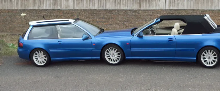 Prompt: Denim Blue Audi A4 B6 Avant Convertible (2002), soft top roof raised, created by Barclay Shaw