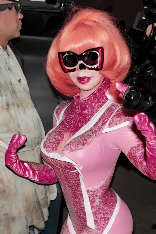 Prompt: Angelyne shoos away paparazzi holding cameras with salami lenses
