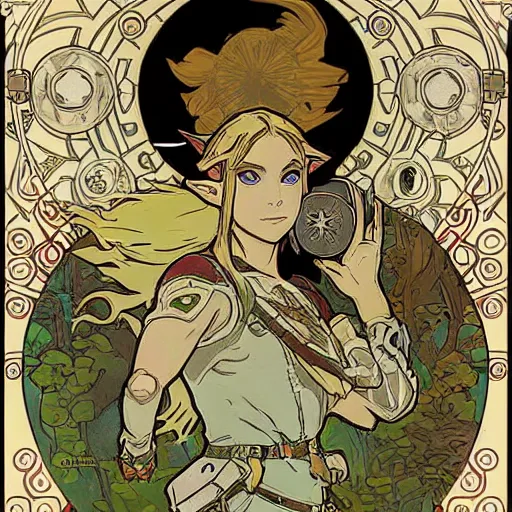 Image similar to a painting of the legend of zelda : breath of the wild by mucha