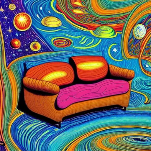 Prompt: psychedelic trippy couch in space, planets, milky way, sofa, cartoon by rob gonsalves