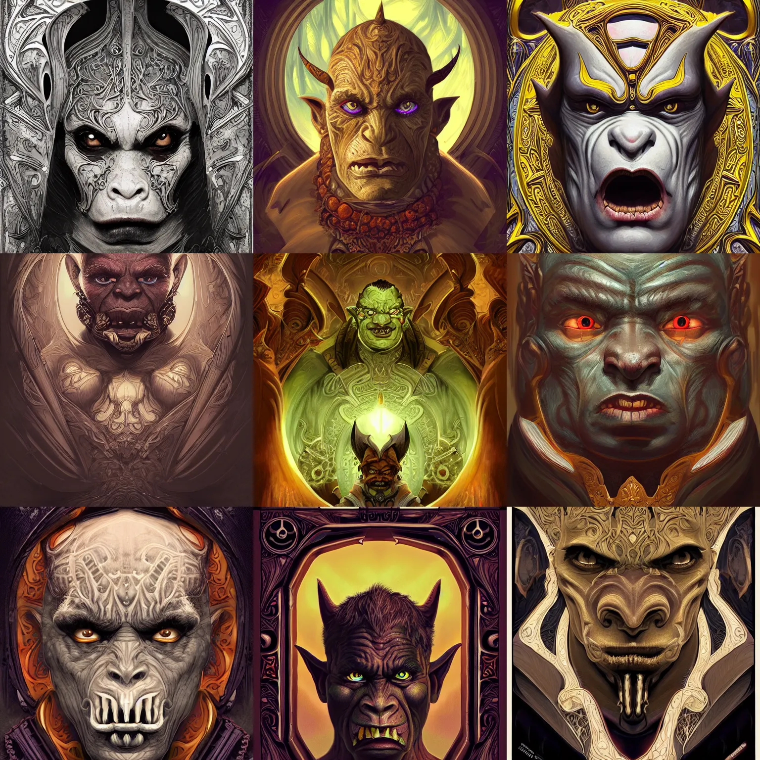 Prompt: head-on symmetrical centered painted portrait, male orc imp rogue, art nouveau, tarot card, complex fractal doorway background, masterpiece, fantasy, intricate, elegant, highly detailed, smooth, sharp focus, illustration, artstation, in the style of Artgerm and Anna Podedworna and Alex Ross and Mucha