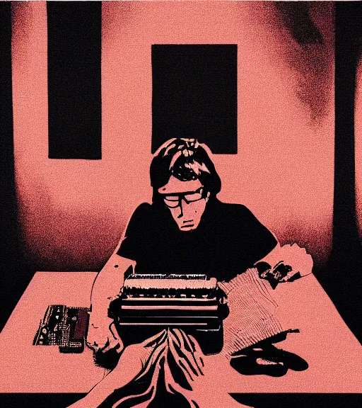 Prompt: Leica Zeiss hd portrait photo of Steven king using typewriter next to dark tower in synthwave style trending