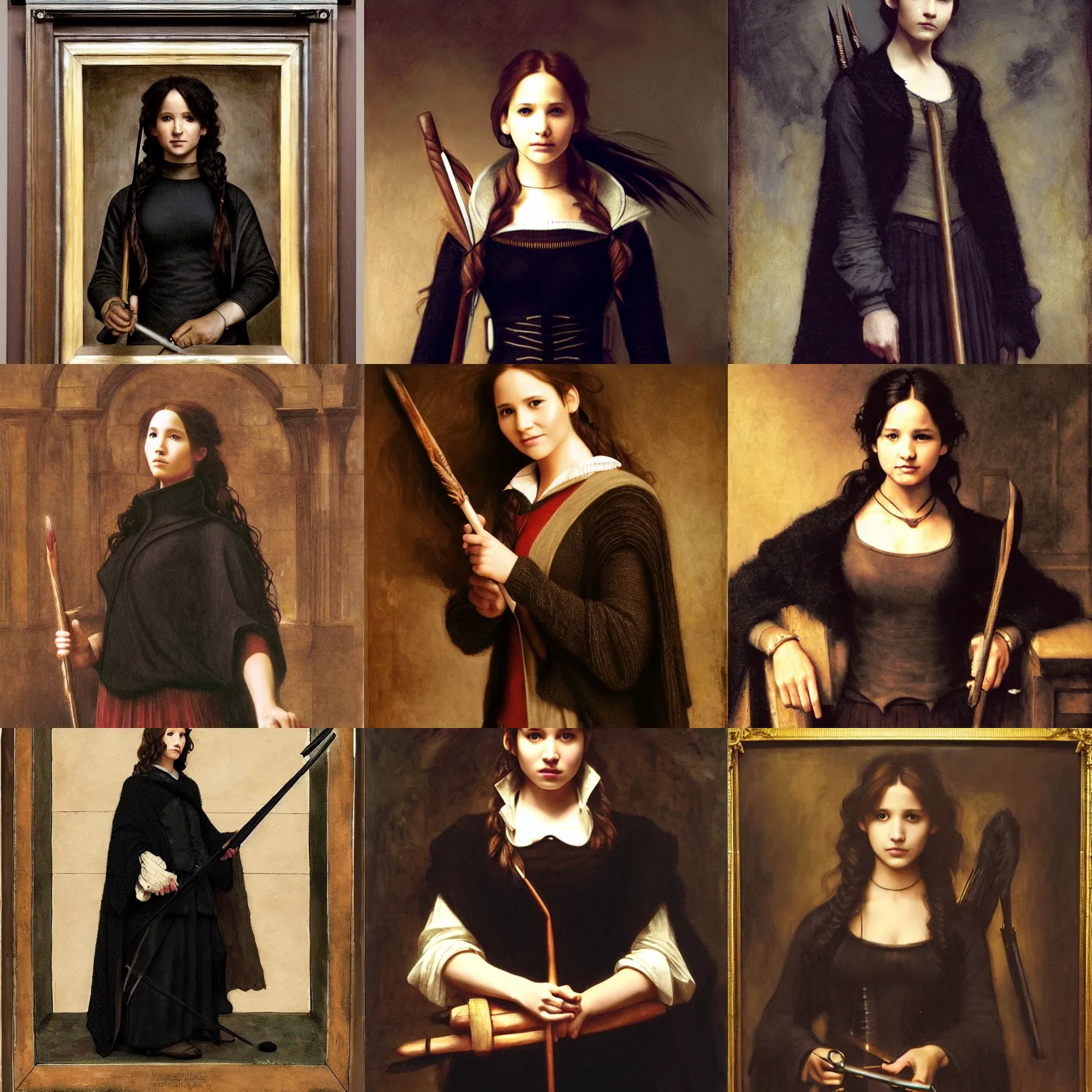 Prompt: ( katniss everdeen ) as a hermione granger, black wool sweater, cloak, skirt, holding wand, hogwarts great hall, portrait by rembrandt, bouguereau, rutkowski