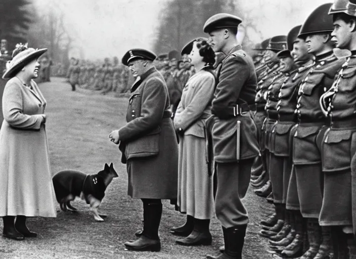 Image similar to ultra wide 1 9 4 6 historical far away photo a german general surrendering to young queen elizabeth, her corgis are nearby highly detailed