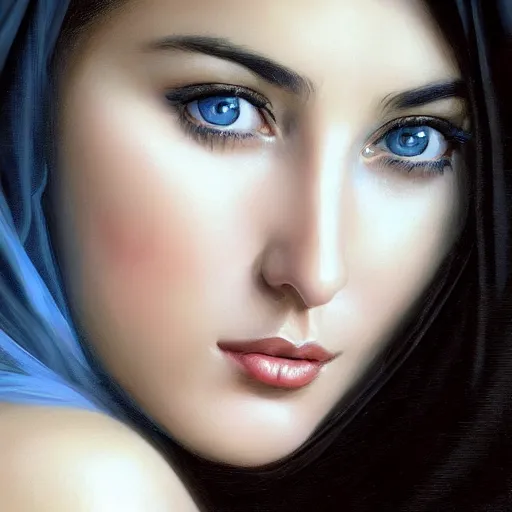 Prompt: Beautiful face Portrait of young arab Monica Bellucci, blue eyes with transparent contact lenses, long wavy black hair, white veil, closeup, focus face, colored, middle eastern, dramatic lighting, intricate, wild, highly detailed, digital painting, artstation, concept art, smooth, sharp focus, illustration, art by artgerm and greg rutkowski and alphonse mucha, footage from space camera