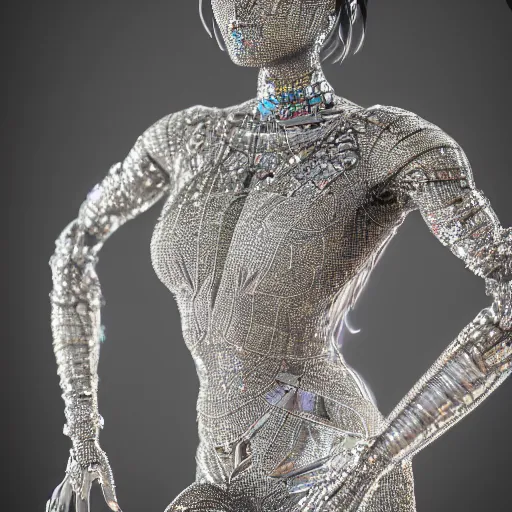 Image similar to full body detailed, ethereal chrome dress, biomechanical, covered in diamonds and other gems glowing, highly detailed face, elegant posed, intricate, extremy detailed, beeple, cgsociety, 3 d unreal engine octane render. cinematic lighting, highly detailed 4 k art