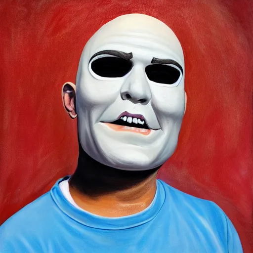 Prompt: painting of mr. clean cosplaying as gigachad, wearing a halloween mask, tattoo on bald head