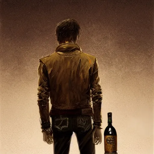 Prompt: a highly detailed epic cinematic concept art CG render digital painting artwork costume design: beareded Humphrey Bogart, old scars, long hair, grizzled, tired, in an old 1950s leather jacket, with a bottle of whisky in hand. By Greg Rutkowski, Ilya Kuvshinov, WLOP, Stanley Artgerm Lau, Ruan Jia and Fenghua Zhong, trending on ArtStation, made in Maya, Blender and Photoshop, octane render, excellent composition, cinematic atmosphere, dynamic dramatic cinematic lighting, aesthetic, very inspirational, arthouse